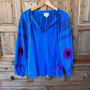 Maeve Small Runway Blouse V-Neck Tassel Embroidered Shirt‎ Blue Anthropologie